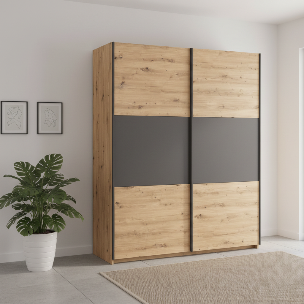 Rauch Neo 2 Door Sliding Wardrobe in Artisan Oak with Metallic Grey Panels styled in a modern room