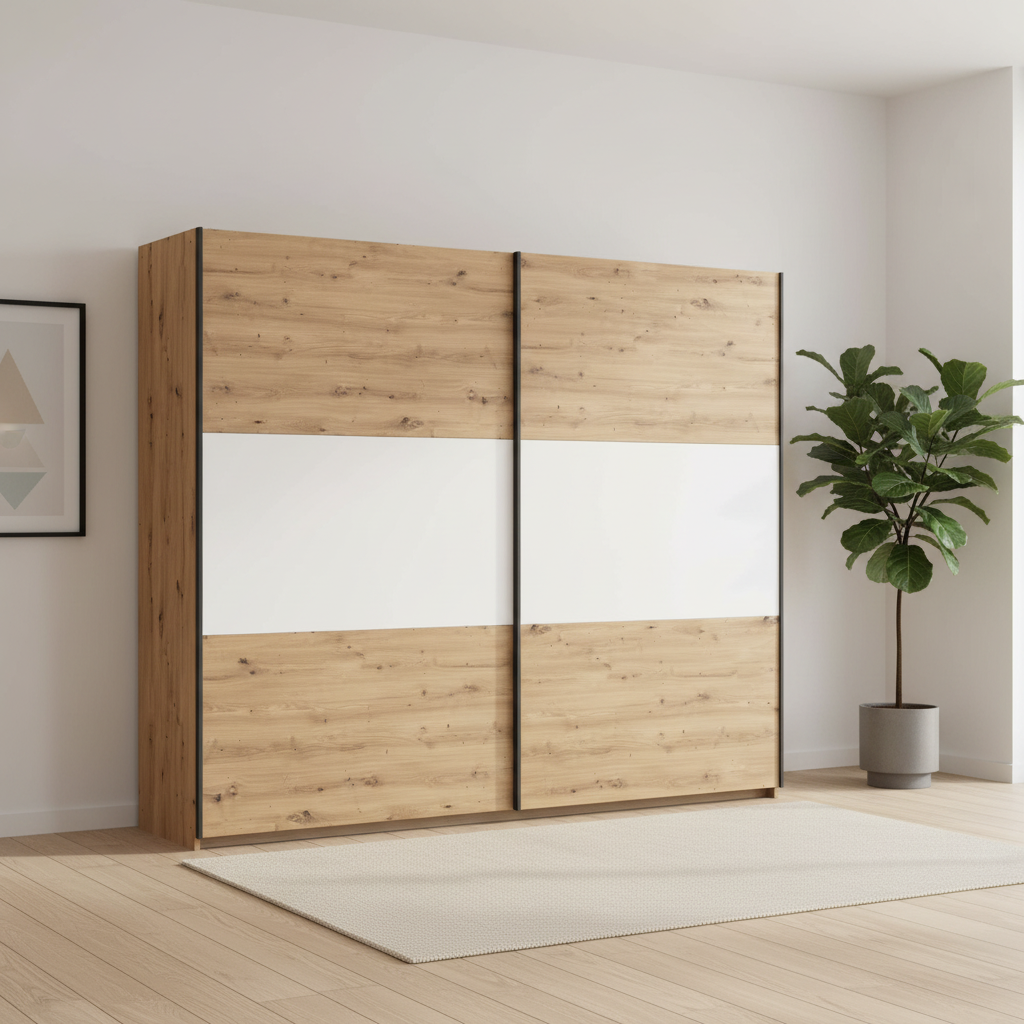 Rauch Neo 2 Door Sliding Wardrobe 218cm in Artisan Oak with White Panels styled in a modern room