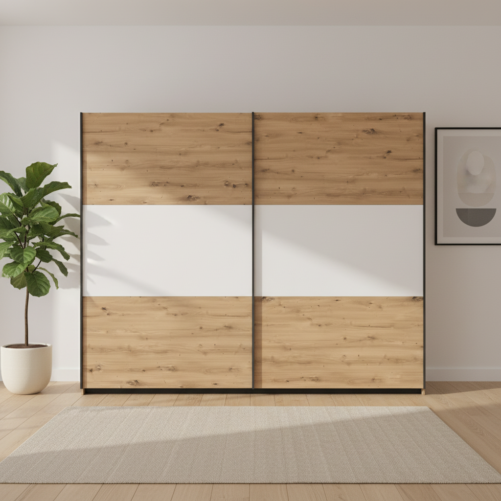 Rauch Neo 2 Door Sliding Wardrobe 218cm in Artisan Oak with White Panels Front view styled in a modern room