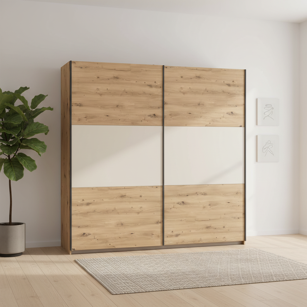 Rauch Neo 2 Door Sliding Wardrobe 218cm in Artisan Oak with Champagne Panels styled in a modern room