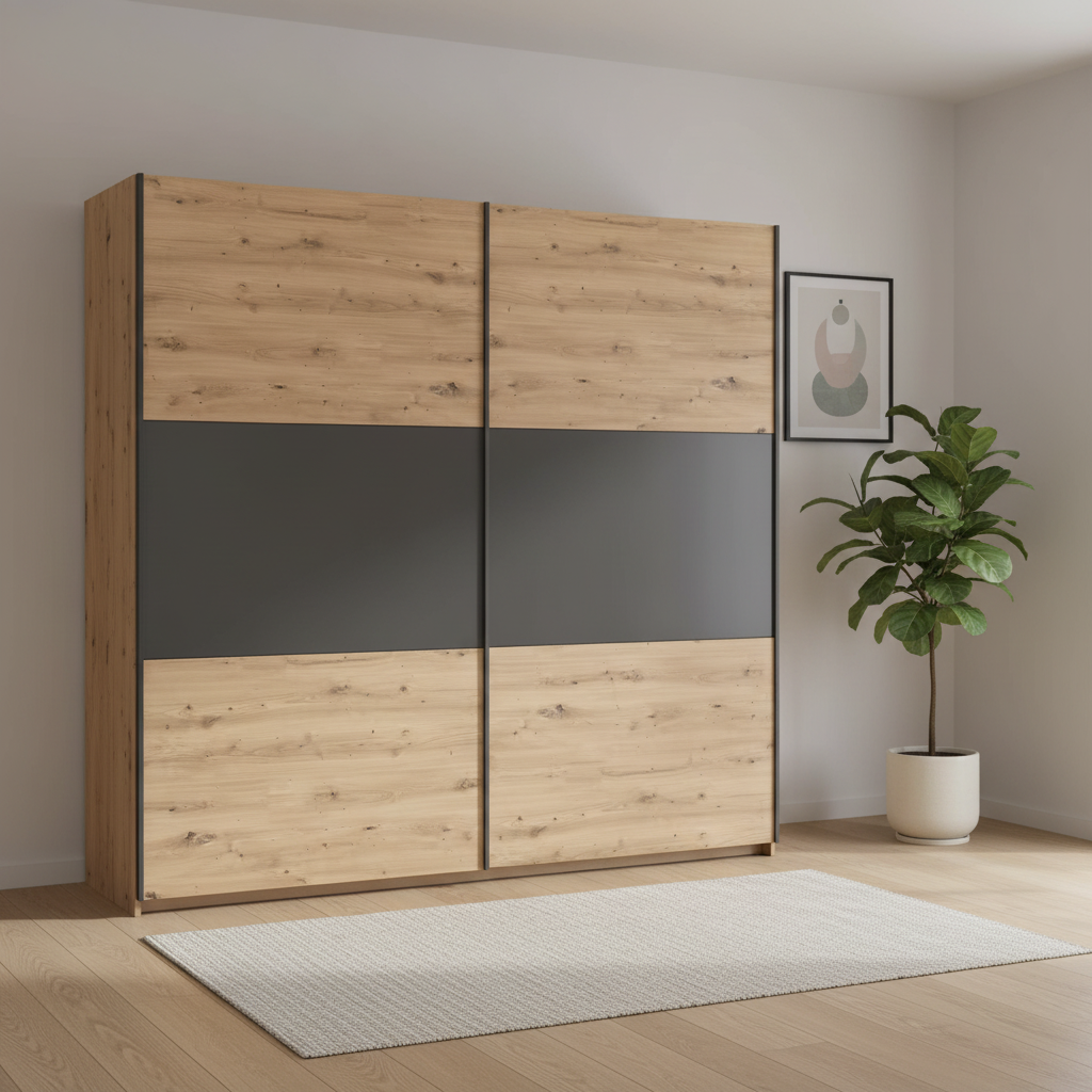 Rauch Neo 2 Door Sliding Wardrobe 218cm in Artisan Oak with Metallic Grey Panels styled in a modern room