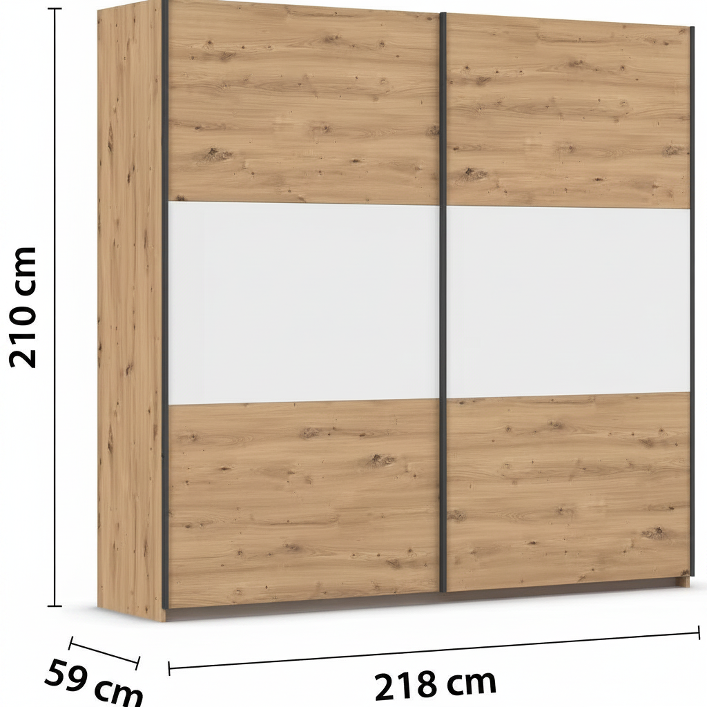 Rauch Neo 2 Door Sliding Wardrobe 218cm in Artisan Oak with White Panels Dimensions