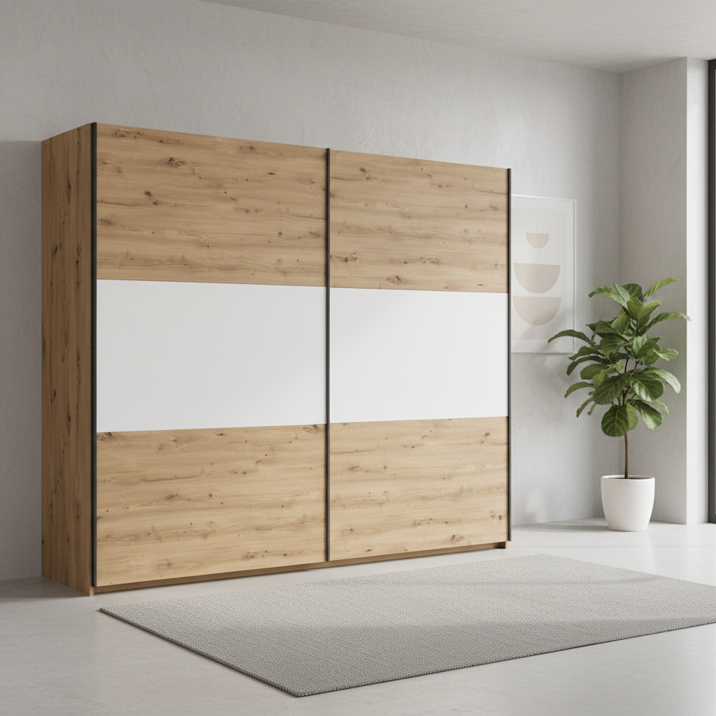 Rauch Neo 2 Door Sliding Wardrobe 261cm in Artisan Oak with White Panels styled in a modern room