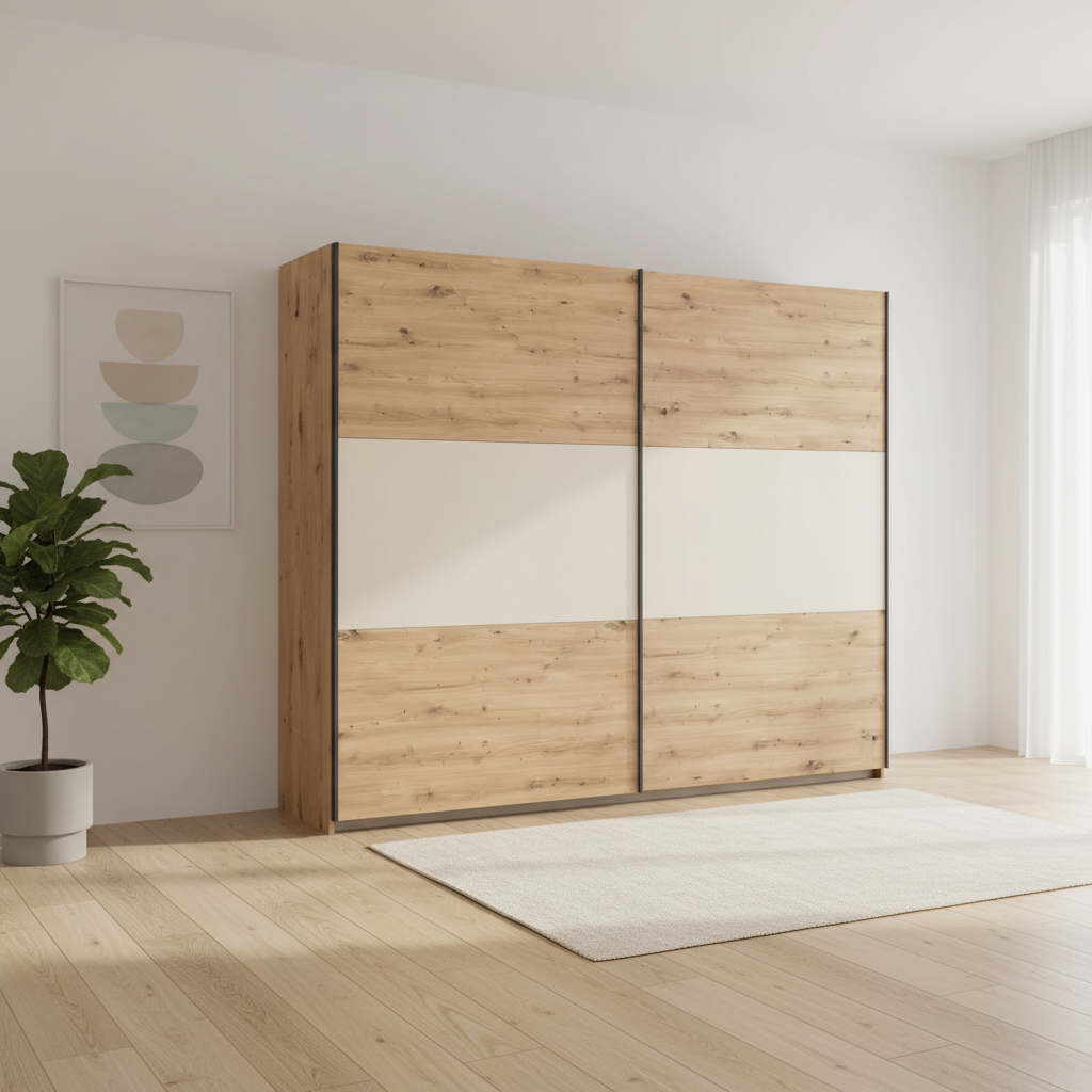Rauch Neo 2 Door Sliding Wardrobe 261cm in Artisan Oak with Champagne Panels styled in a modern room