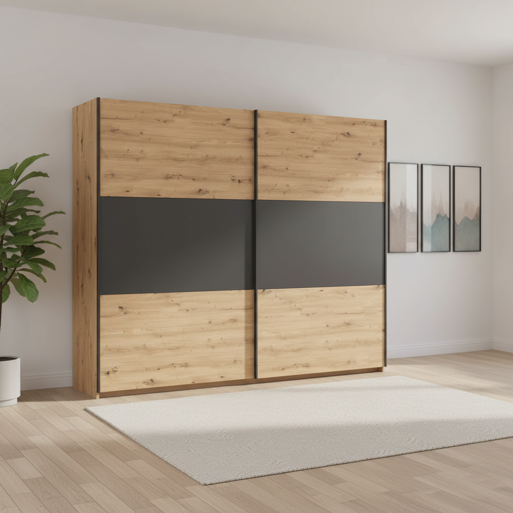 Rauch Neo 2 Door Sliding Wardrobe 261cm in Artisan Oak with Metallic Grey Panels styled in a modern room