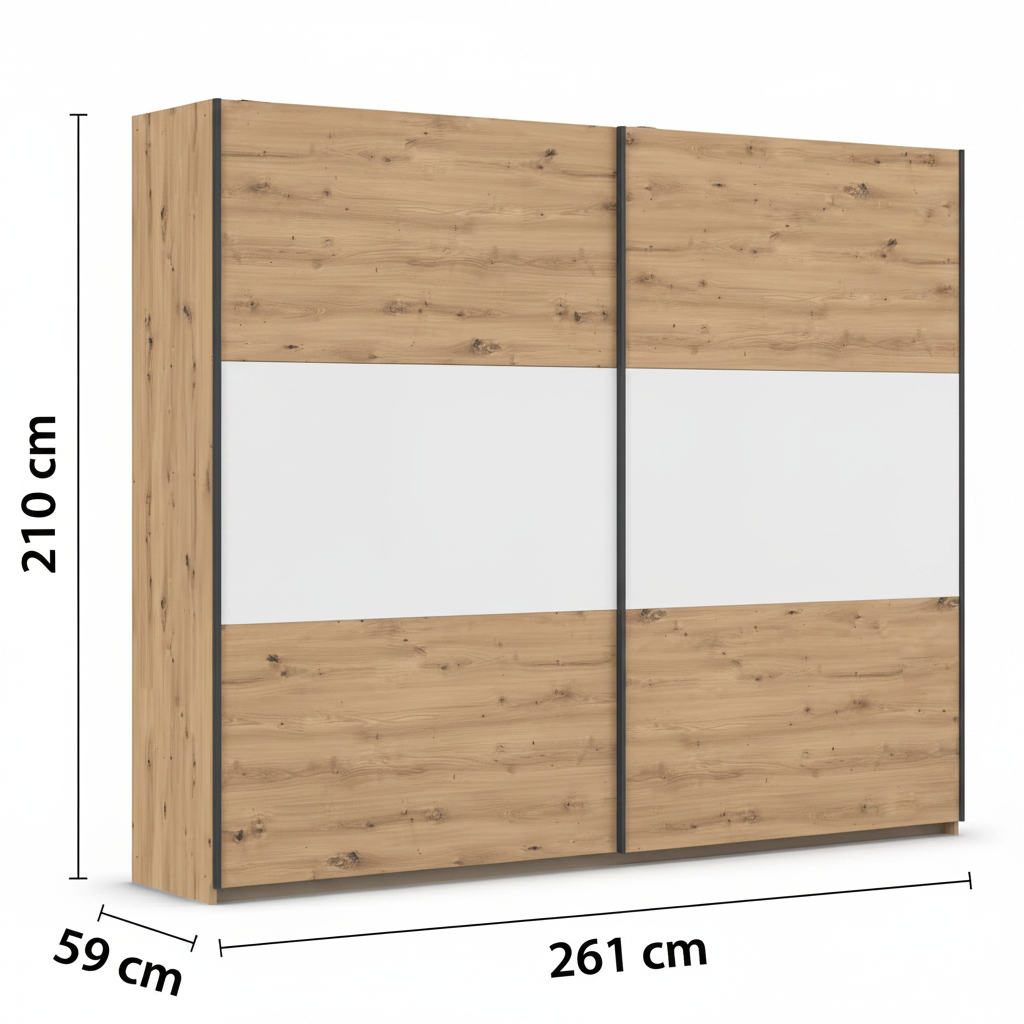 Rauch Neo 2 Door Sliding Wardrobe 261cm in Artisan Oak with White Panels Dimensions