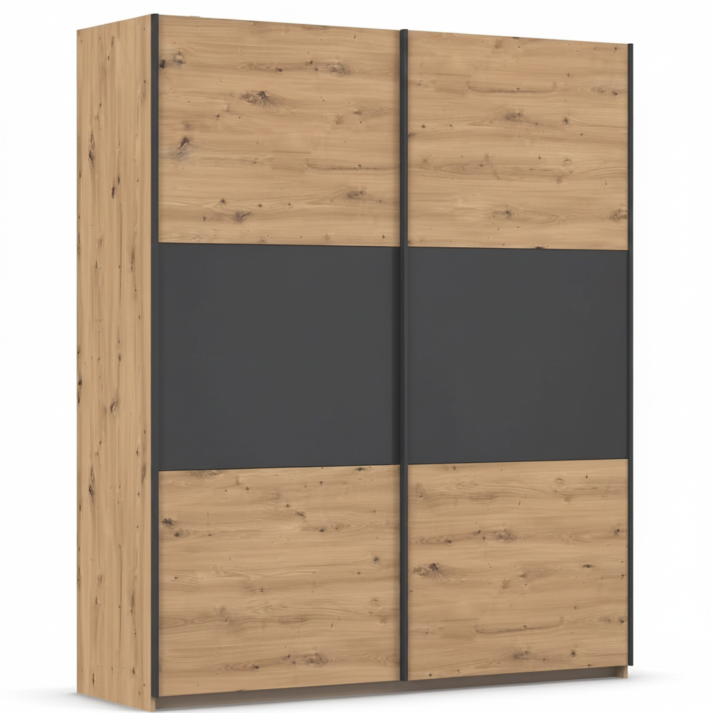 Rauch Neo 2 Door Sliding Wardrobe in Artisan Oak with Metallic Grey Panels 