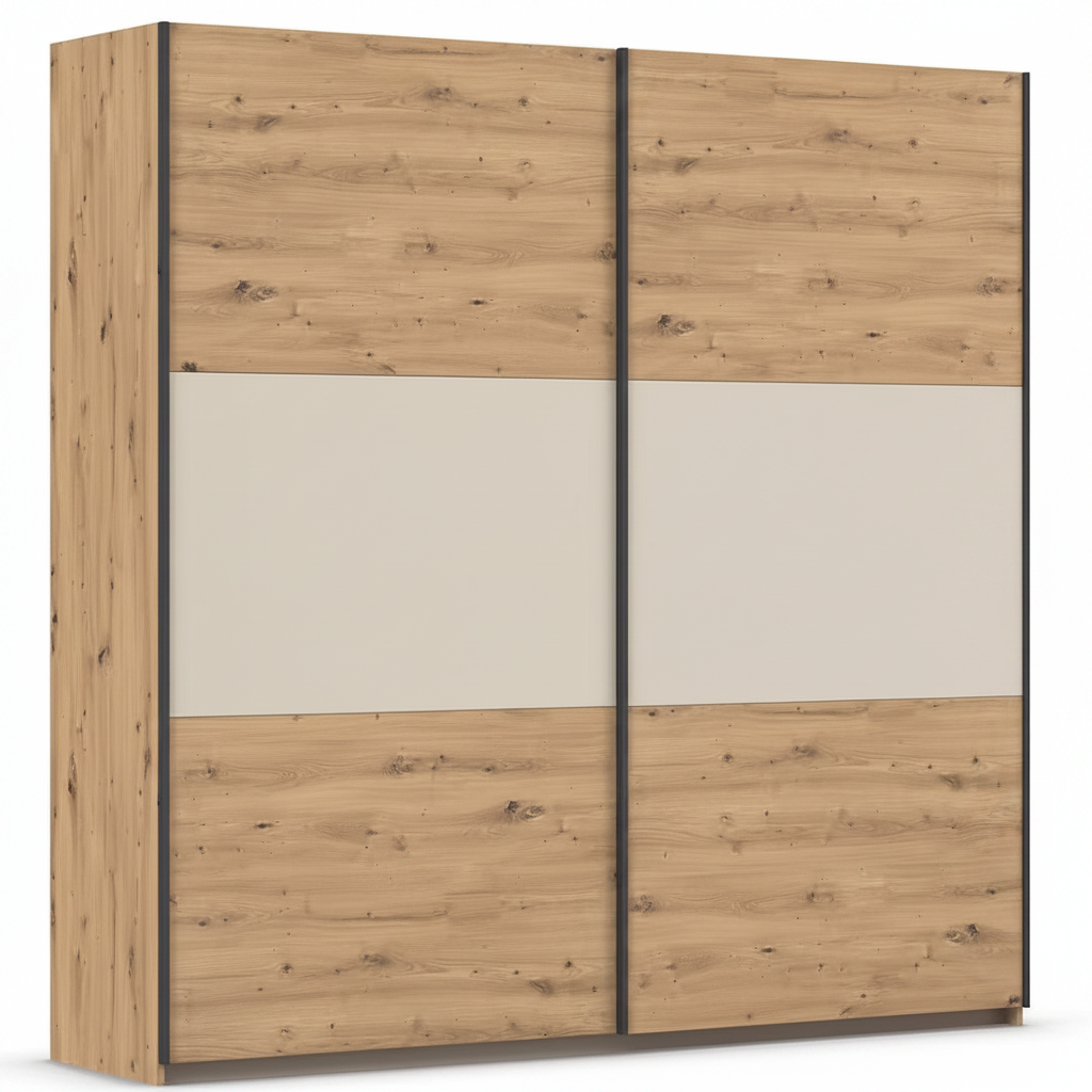 Rauch Neo 2 Door Sliding Wardrobe 218cm in Artisan Oak with Champagne Panels 