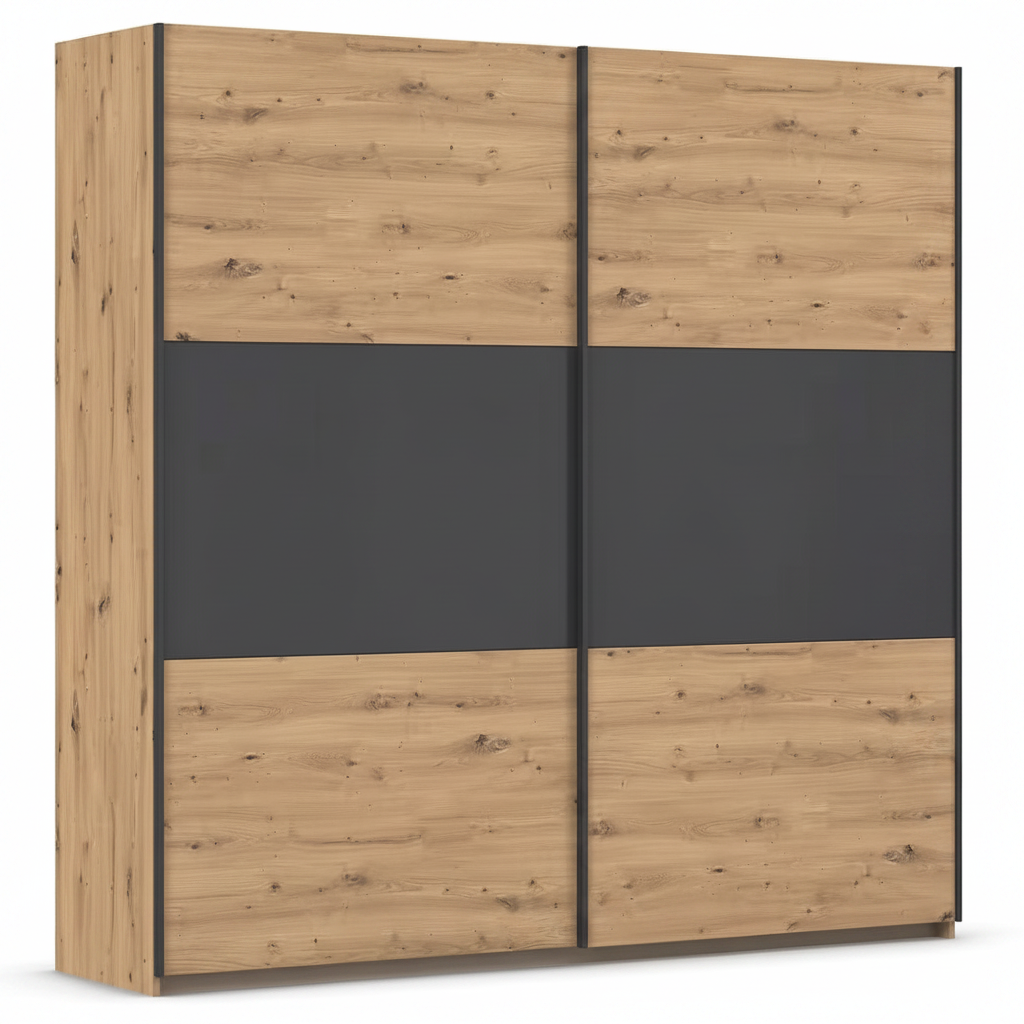 Rauch Neo 2 Door Sliding Wardrobe 218cm in Artisan Oak with Metallic Grey Panels 