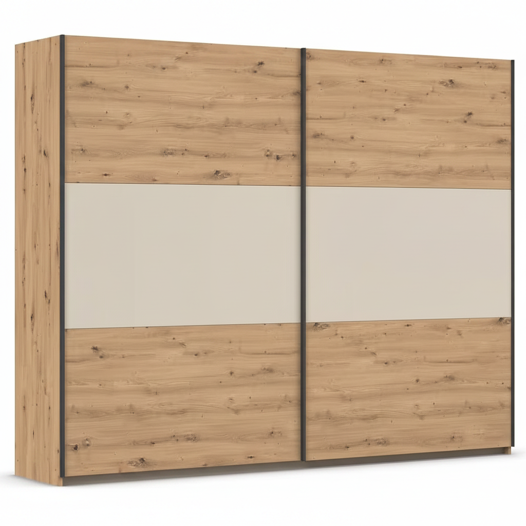 Rauch Neo 2 Door Sliding Wardrobe 261cm in Artisan Oak with Champagne Panels 
