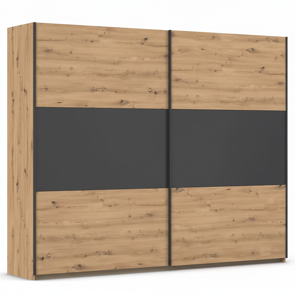 Rauch Neo 2 Door Sliding Wardrobe 261cm in Artisan Oak with Metallic Grey Panels 