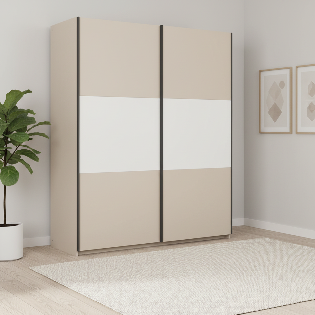Rauch Neo 2 Door Sliding Wardrobe in Champagne with White Panels  Styled in a modern room