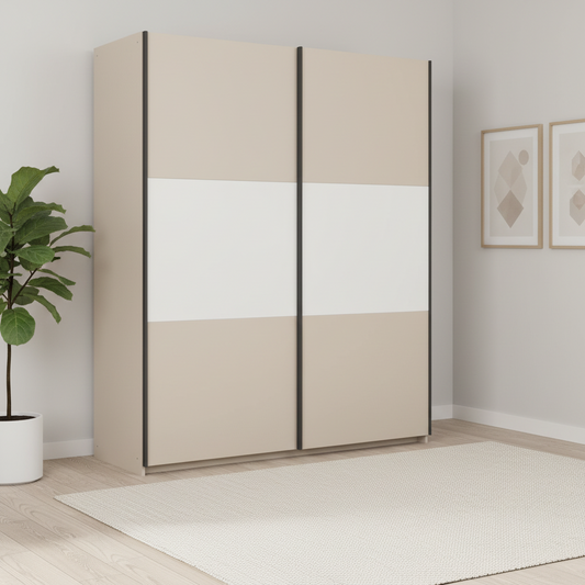 Rauch Neo 2 Door Sliding Wardrobe in Champagne with White Panels  Styled in a modern room
