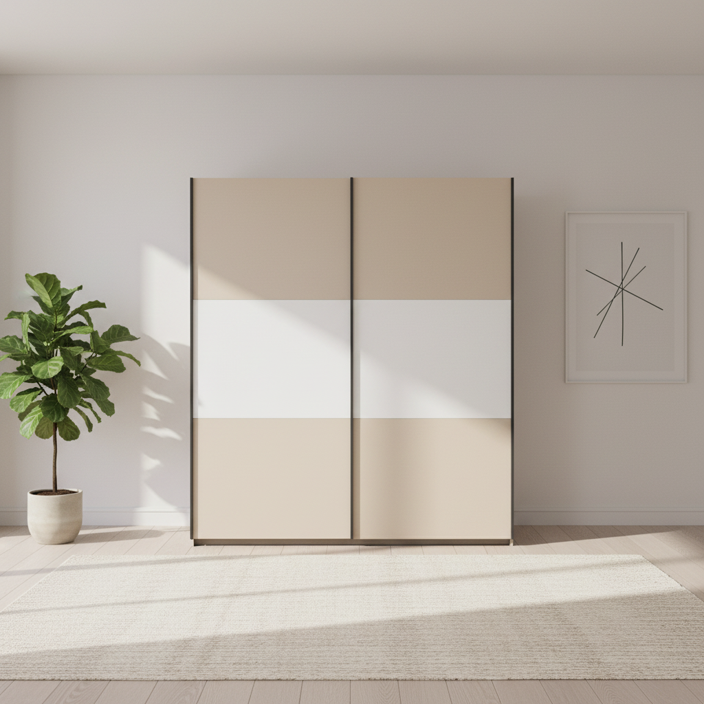Rauch Neo 2 Door Sliding Wardrobe in Champagne with White Panels Front view Styled in a modern room