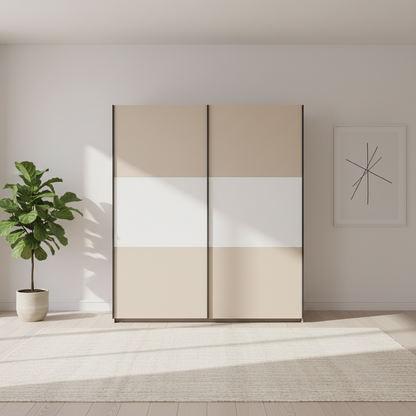 Rauch Neo 2 Door Sliding Wardrobe in Champagne with White Panels Front view Styled in a modern room