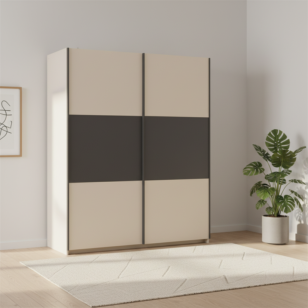 Rauch Neo 2 Door Sliding Wardrobe in Champagne with Metallic Grey Panels  Styled in a modern room