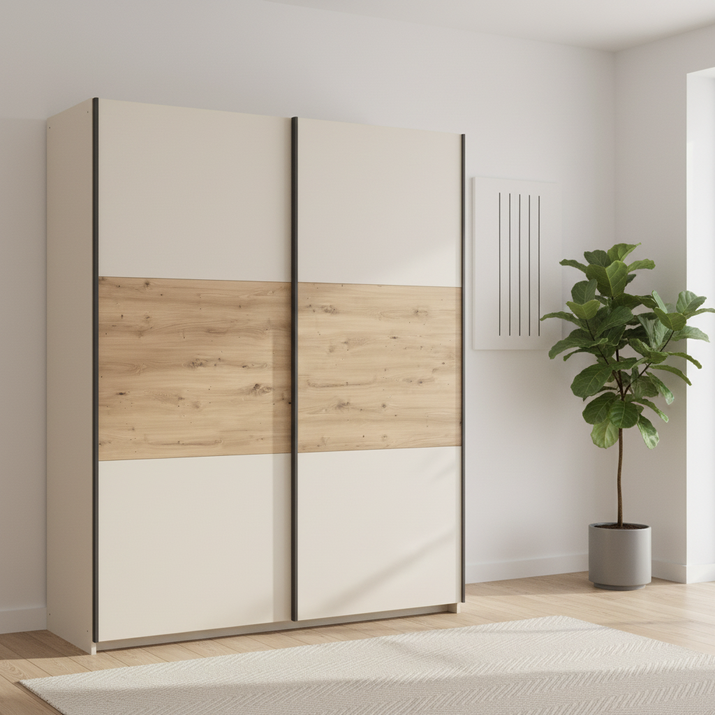 Rauch Neo 2 Door Sliding Wardrobe in Champagne with Artisan Oak Panels Styled in a modern room
