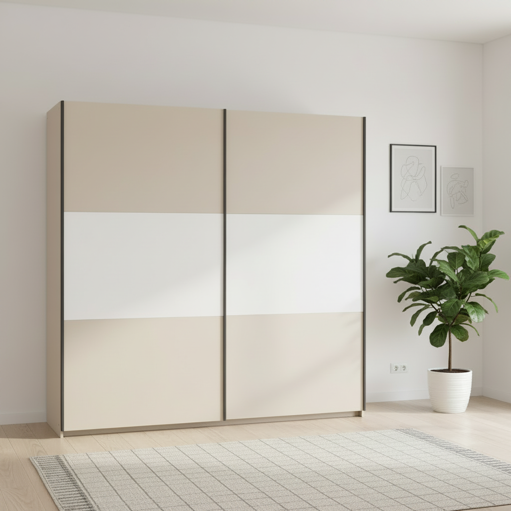 Rauch Neo 2 Door Sliding Wardrobe 218cm in Champagne with White Panels  Styled in a modern room