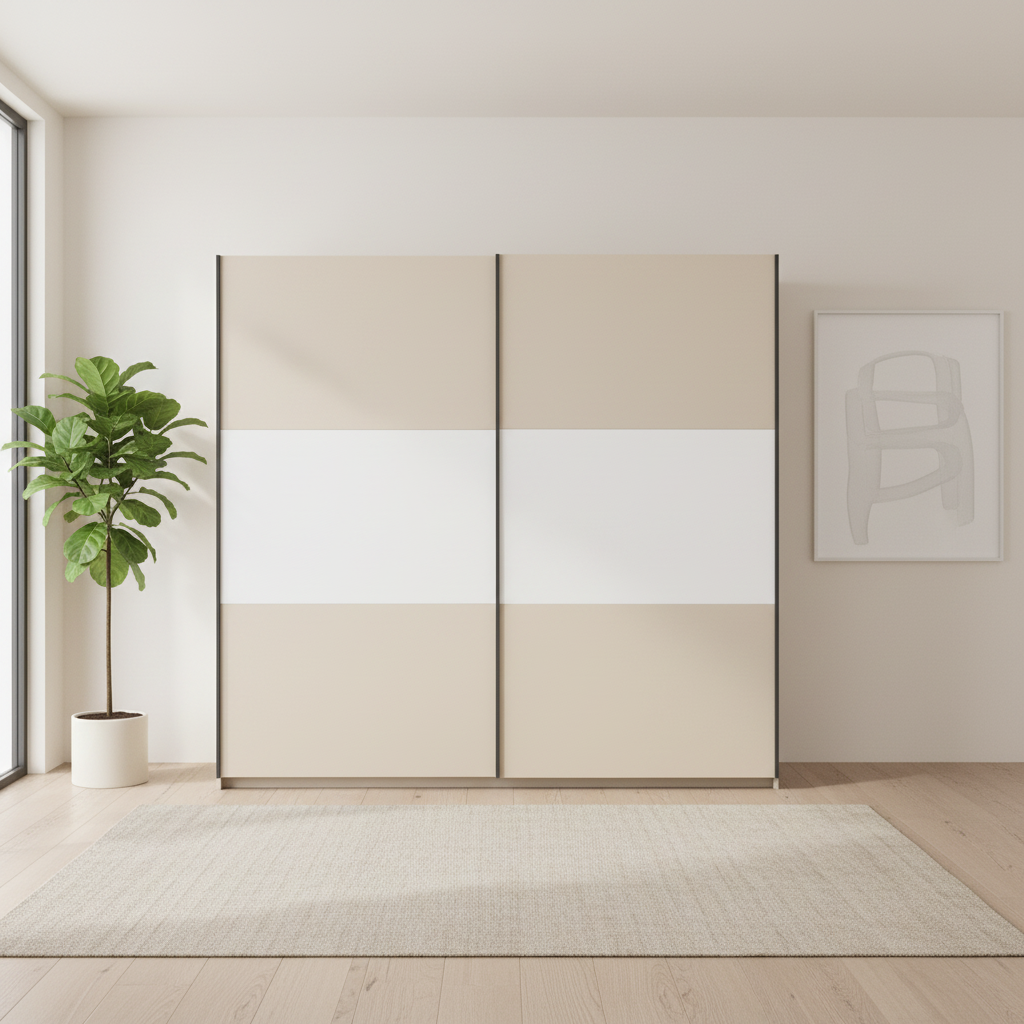 Rauch Neo 2 Door Sliding Wardrobe 218cm in Champagne with White Front view Panels  Styled in a modern room