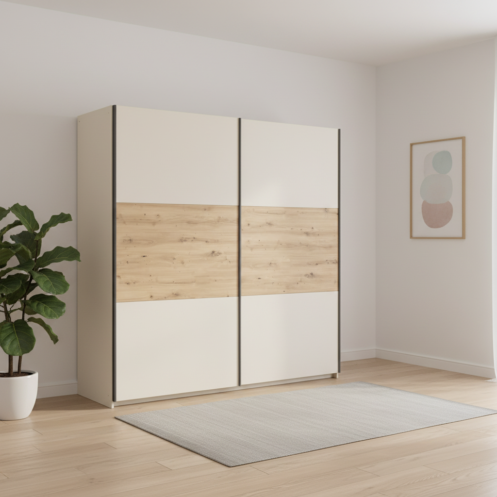 Rauch Neo 2 Door Sliding Wardrobe 218cm in Champagne with Artisan Oak Panels  Styled in a modern room
