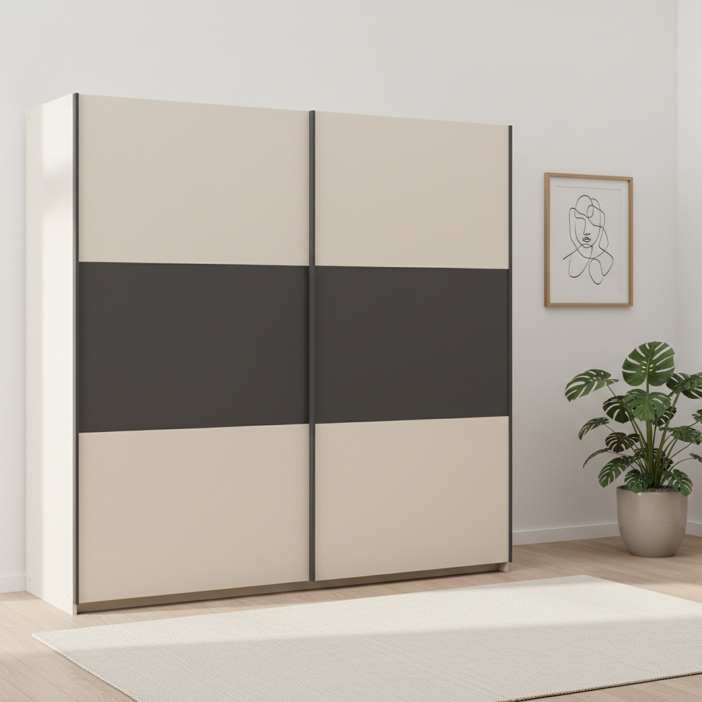 Rauch Neo 2 Door Sliding Wardrobe 218cm in Champagne with Metallic Grey Panels  Styled in a modern room