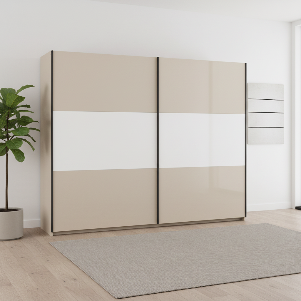 Rauch Neo 2 Door Sliding Wardrobe 261cm in Champagne with White Panels  Styled in a modern room