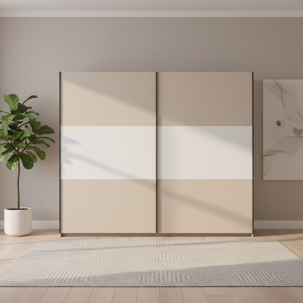 Rauch Neo 2 Door Sliding Wardrobe 218cm in Champagne with White Front view Panels  Styled in a modern room