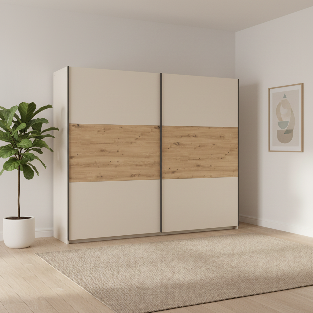 Rauch Neo 2 Door Sliding Wardrobe 261cm in Champagne with Artisan Oak Panels  Styled in a modern room
