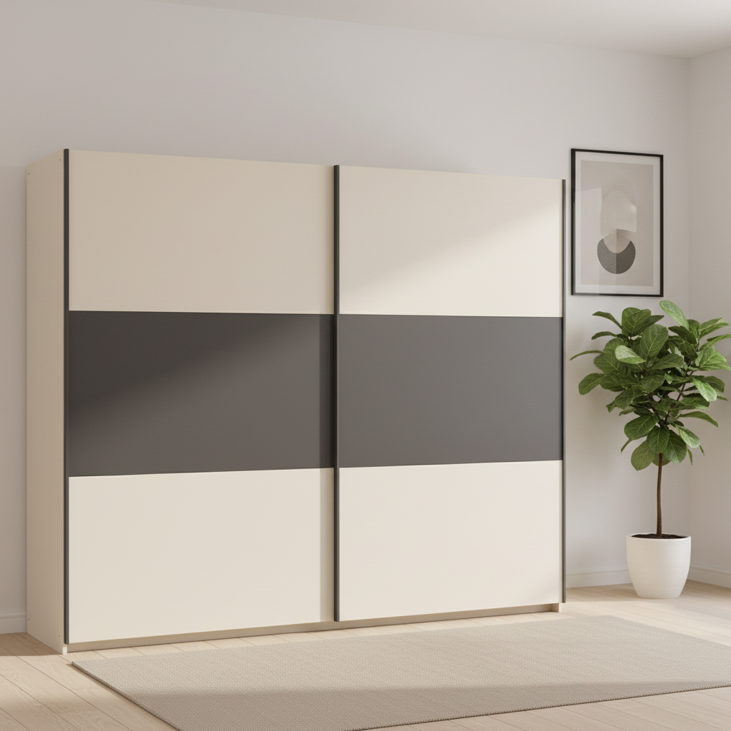Rauch Neo 2 Door Sliding Wardrobe 218cm in Champagne with Metallic Grey Panels  Styled in a modern room