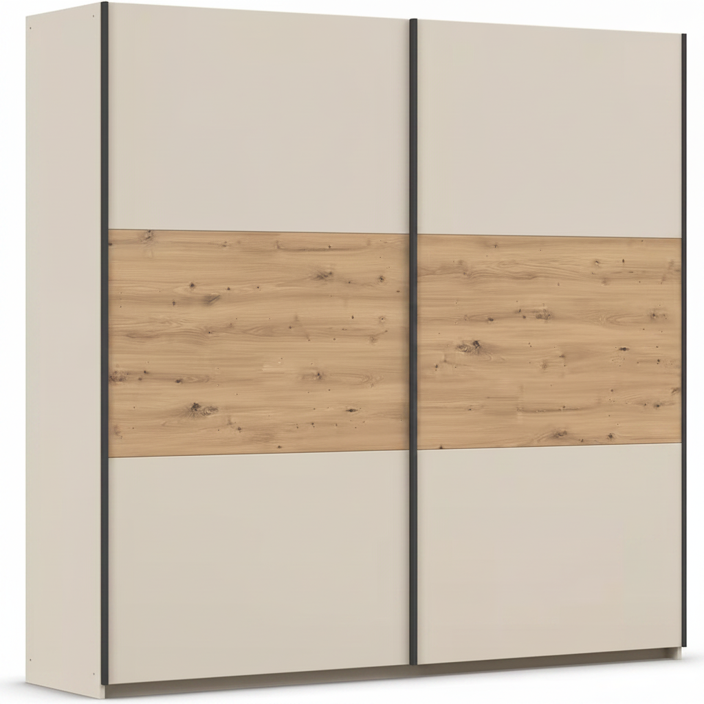 Rauch Neo 2 Door Sliding Wardrobe 218cm in Champagne with Artisan Oak Panels