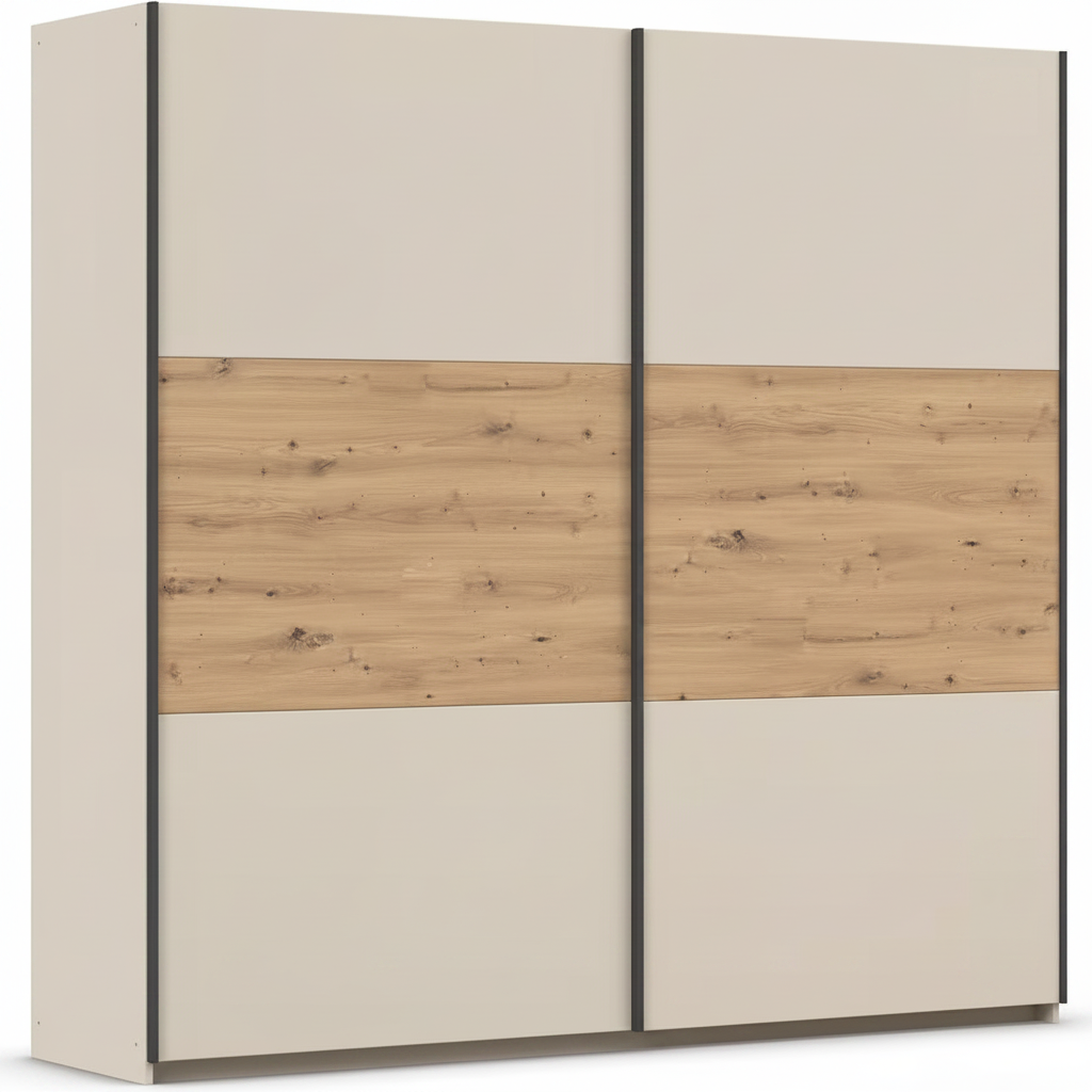 Rauch Neo 2 Door Sliding Wardrobe 261cm in Champagne with Artisan Oak Panels