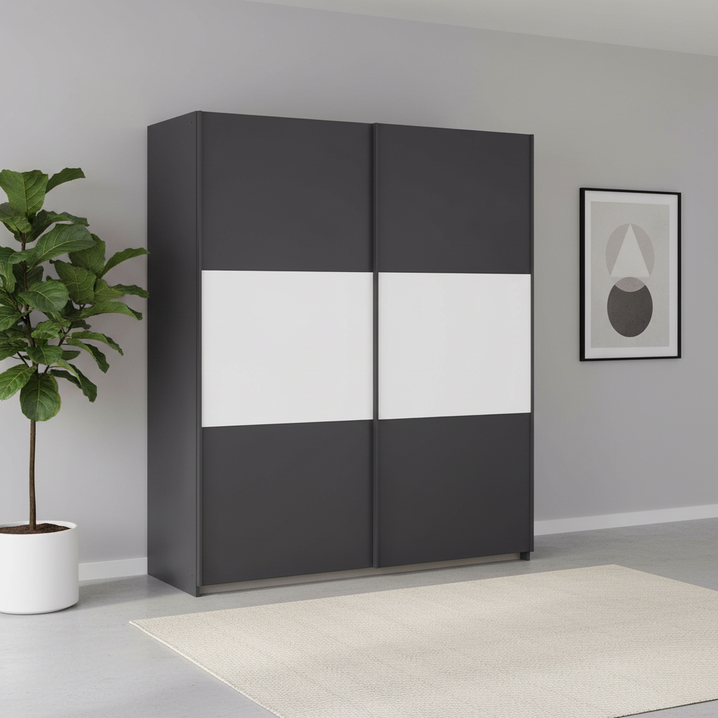 Rauch Neo 2 Door Sliding Wardrobe in Metallic Grey with White Panels styled in a modern room