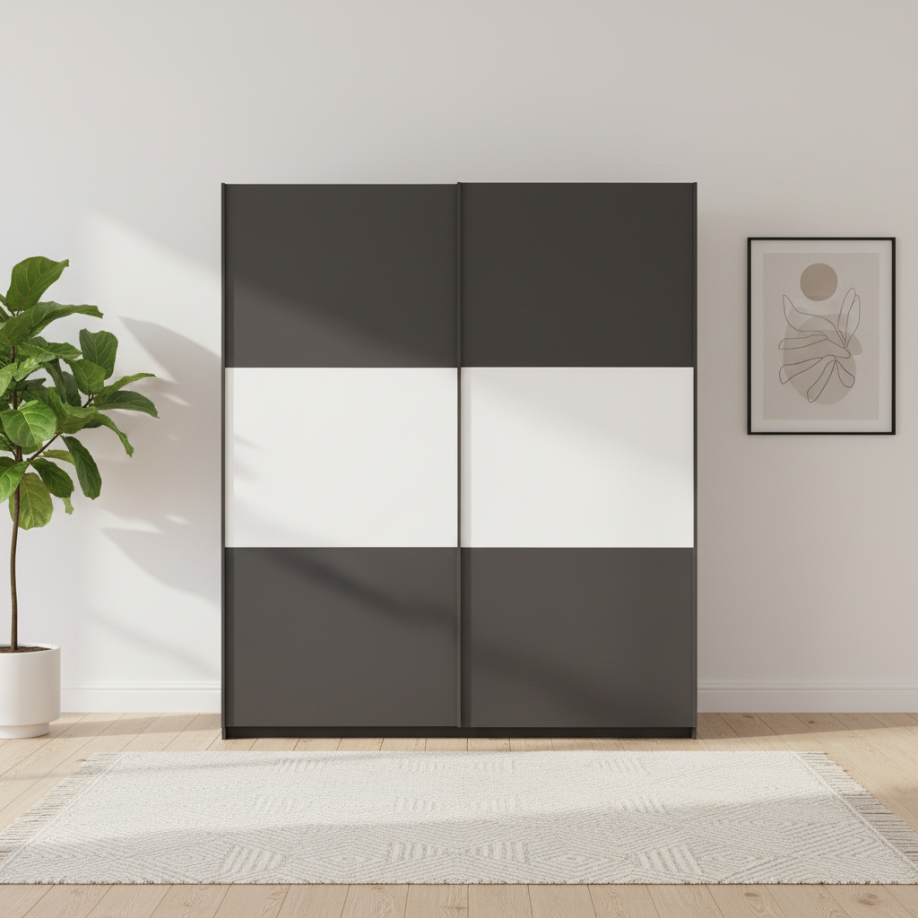 Rauch Neo 2 Door Sliding Wardrobe in Metallic Grey with White Panels Front view styled in a modern room