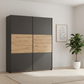 Rauch Neo 2 Door Sliding Wardrobe in Metallic Grey with Artisan Oak Panels styled in a modern room