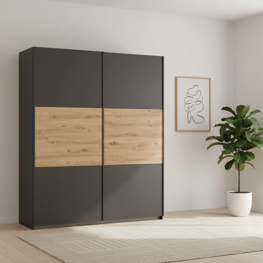 Rauch Neo 2 Door Sliding Wardrobe in Metallic Grey with Artisan Oak Panels styled in a modern room