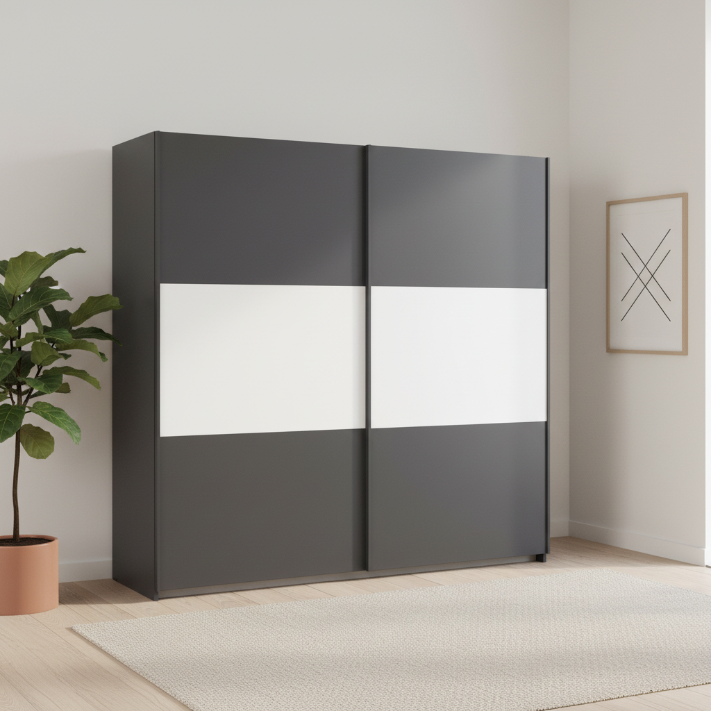 Rauch Neo 2 Door Sliding Wardrobe 218cm in Metallic Grey with White Panels styled in a modern room