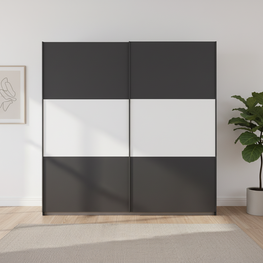 Rauch Neo 2 Door Sliding Wardrobe 218cm in Metallic Grey with White Panels Front view styled in a modern room