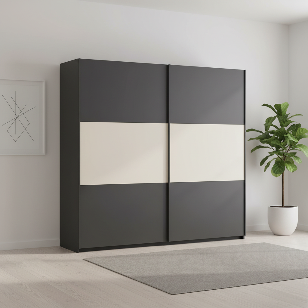 Rauch Neo 2 Door Sliding Wardrobe 218cm in Metallic Grey with Champagne Panels styled in a modern room