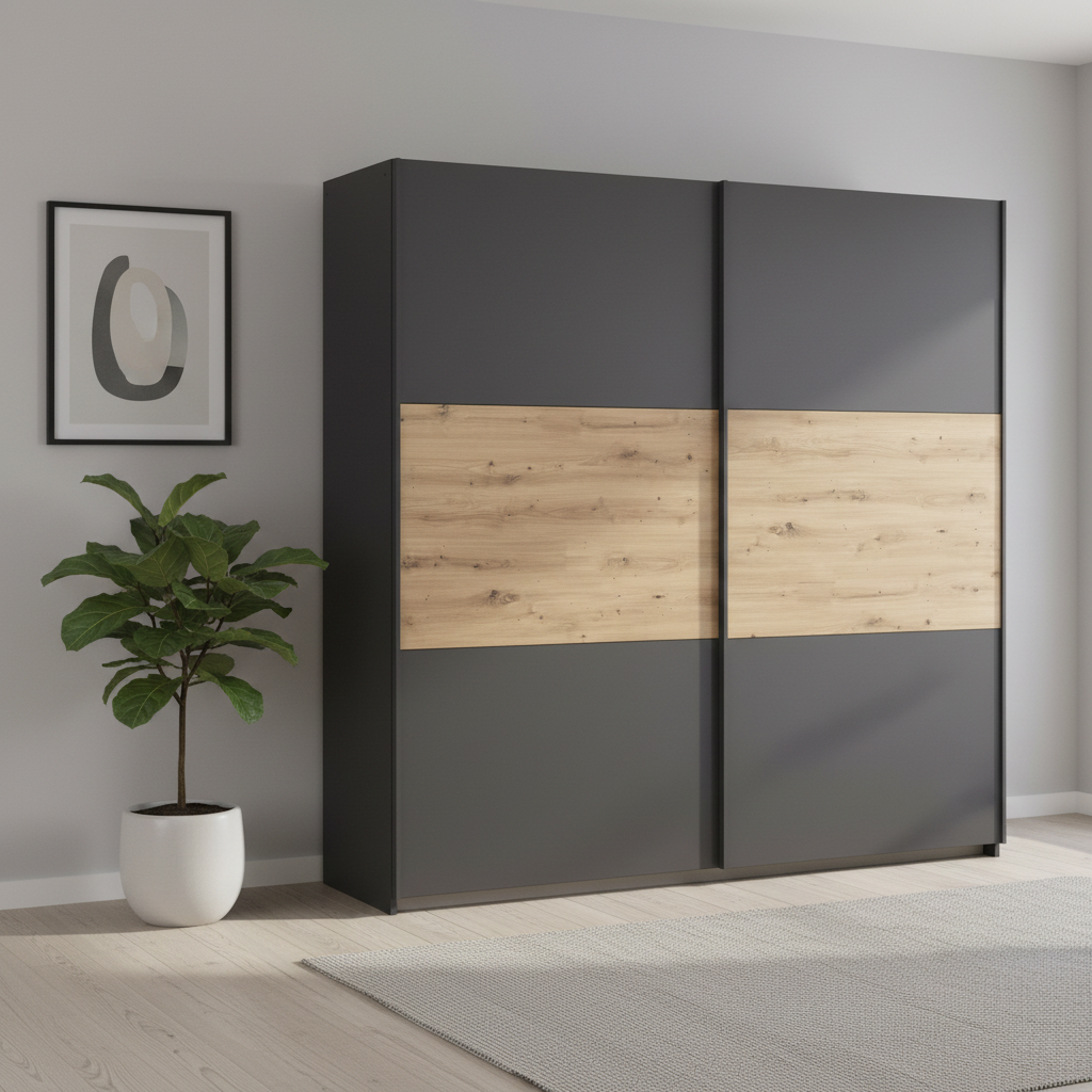 Rauch Neo 2 Door Sliding Wardrobe 218cm in Metallic Grey with Artisan Oak Panels styled in a modern room