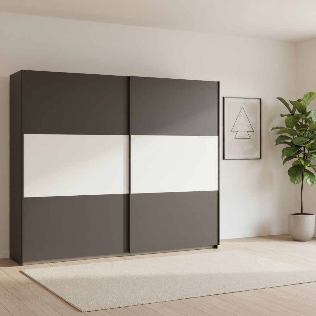 Rauch Neo 2 Door Sliding Wardrobe 261cm in Metallic Grey with White Panels styled in a modern room