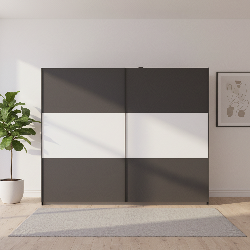 Rauch Neo 2 Door Sliding Wardrobe 261cm in Metallic Grey with White Panels Front view styled in a modern room