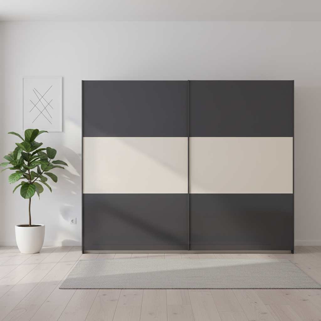 Rauch Neo 2 Door Sliding Wardrobe 261cm in Metallic Grey with Champagne Panels styled in a modern room