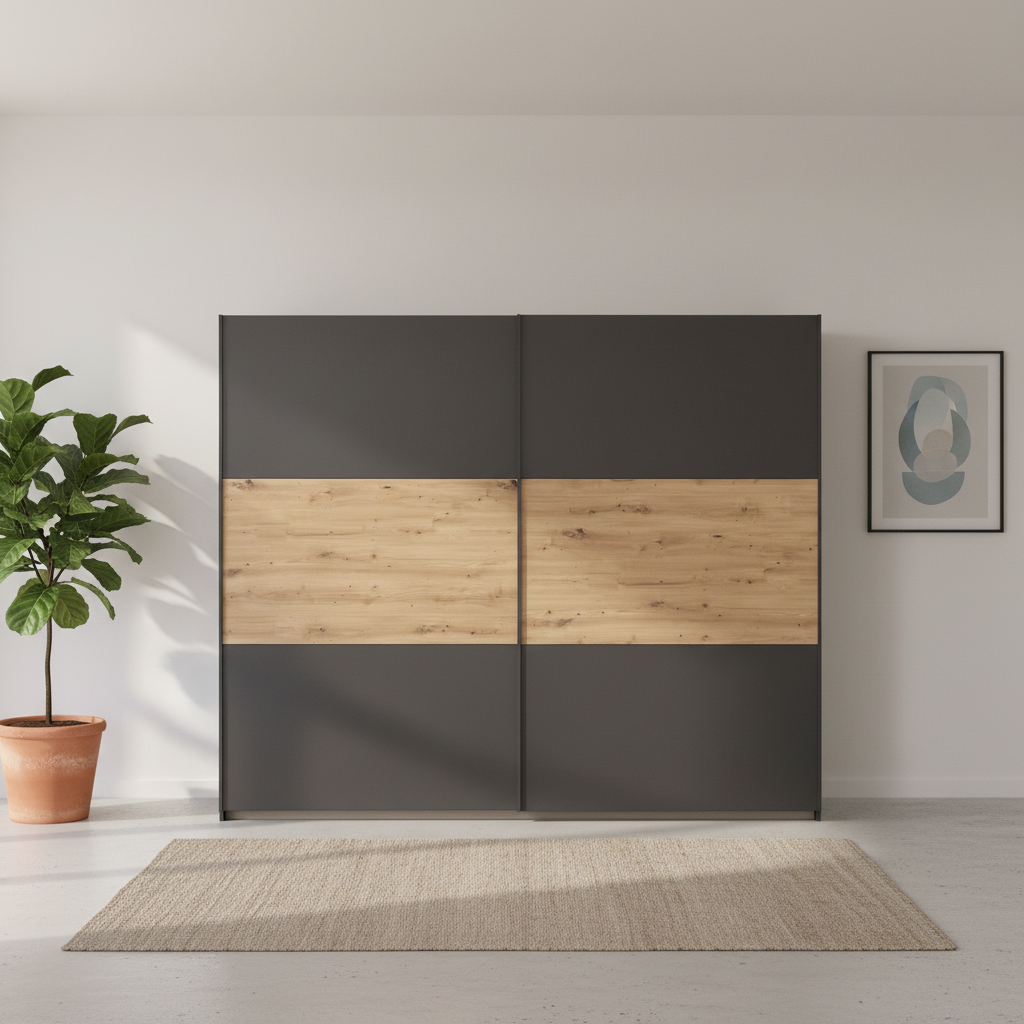 Rauch Neo 2 Door Sliding Wardrobe 261cm in Metallic Grey with Artisan Oak Panels styled in a modern room
