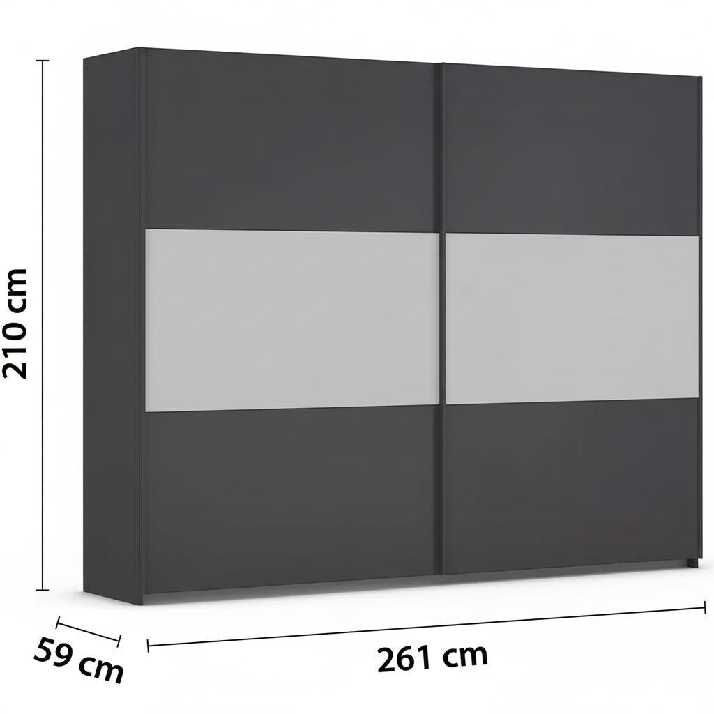 Rauch Neo 2 Door Sliding Wardrobe 261cm in Metallic Grey with White Panels Dimensions