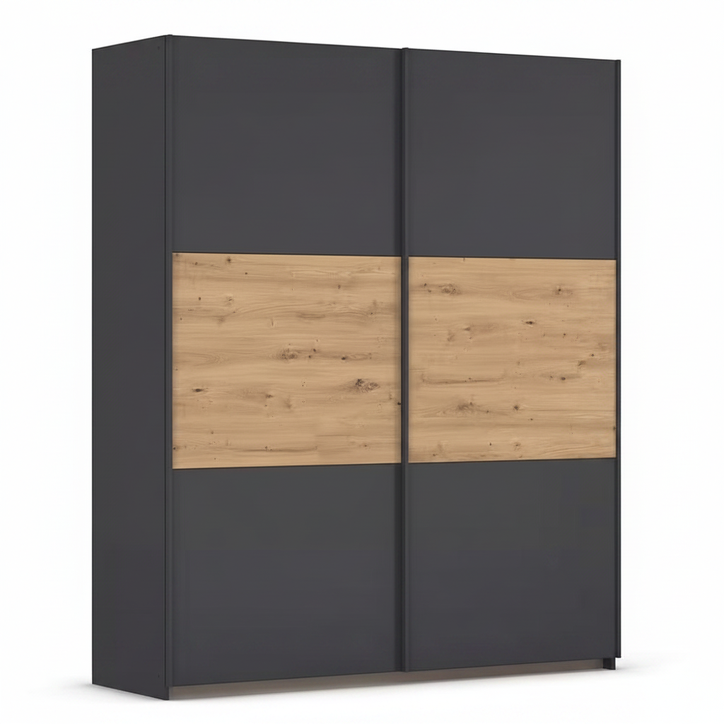Rauch Neo 2 Door Sliding Wardrobe in Metallic Grey with Artisan Oak Panels 