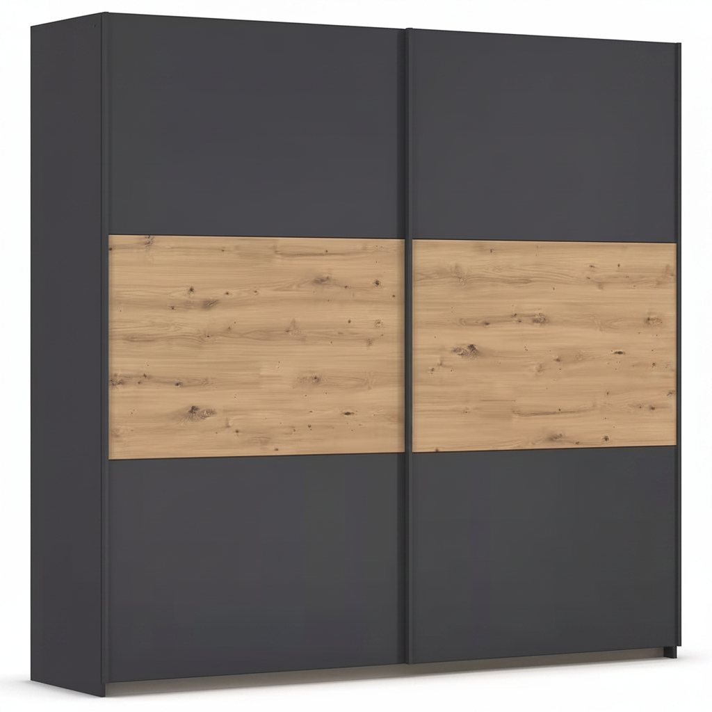 Rauch Neo 2 Door Sliding Wardrobe 218cm in Metallic Grey with Artisan Oak Panels 