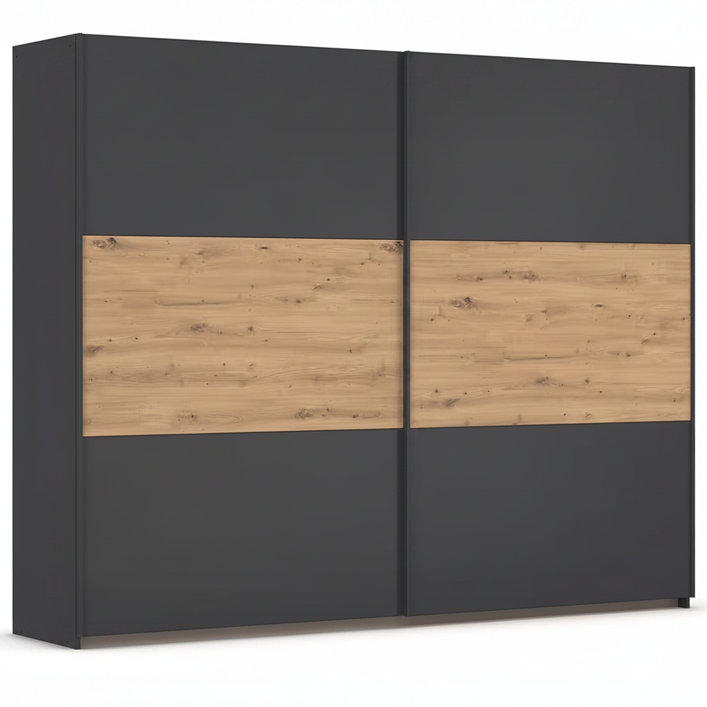 Rauch Neo 2 Door Sliding Wardrobe 261cm in Metallic Grey with Artisan  Panels Oak Panels