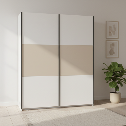 Rauch Neo 2 Door Sliding Wardrobe in White with Champagne panels styled in a modern room