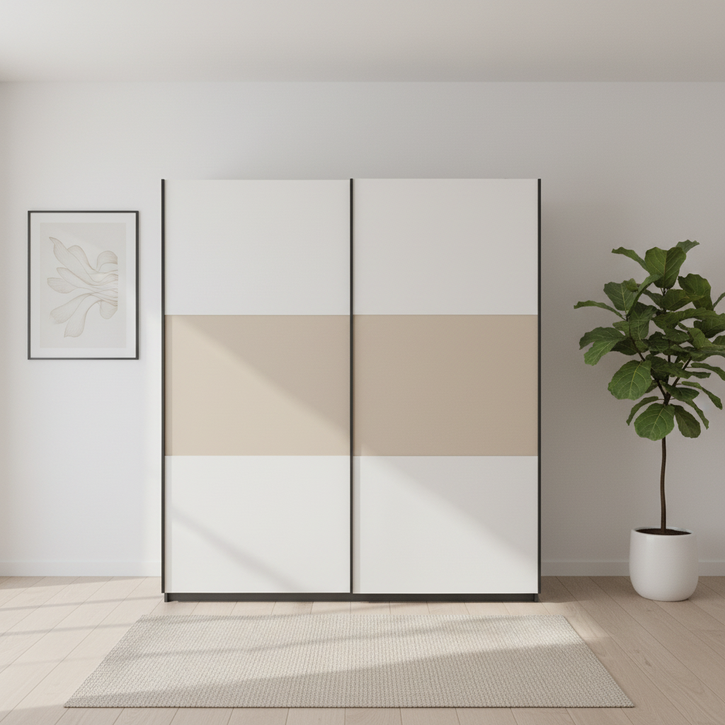 Rauch Neo 2 Door Sliding Wardrobe in White with Champagne panels Front view styled in a modern room