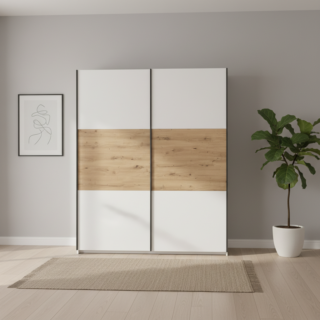 Rauch Neo 2 Door Sliding Wardrobe in White with Artisan Oak panels Front view styled in a modern room